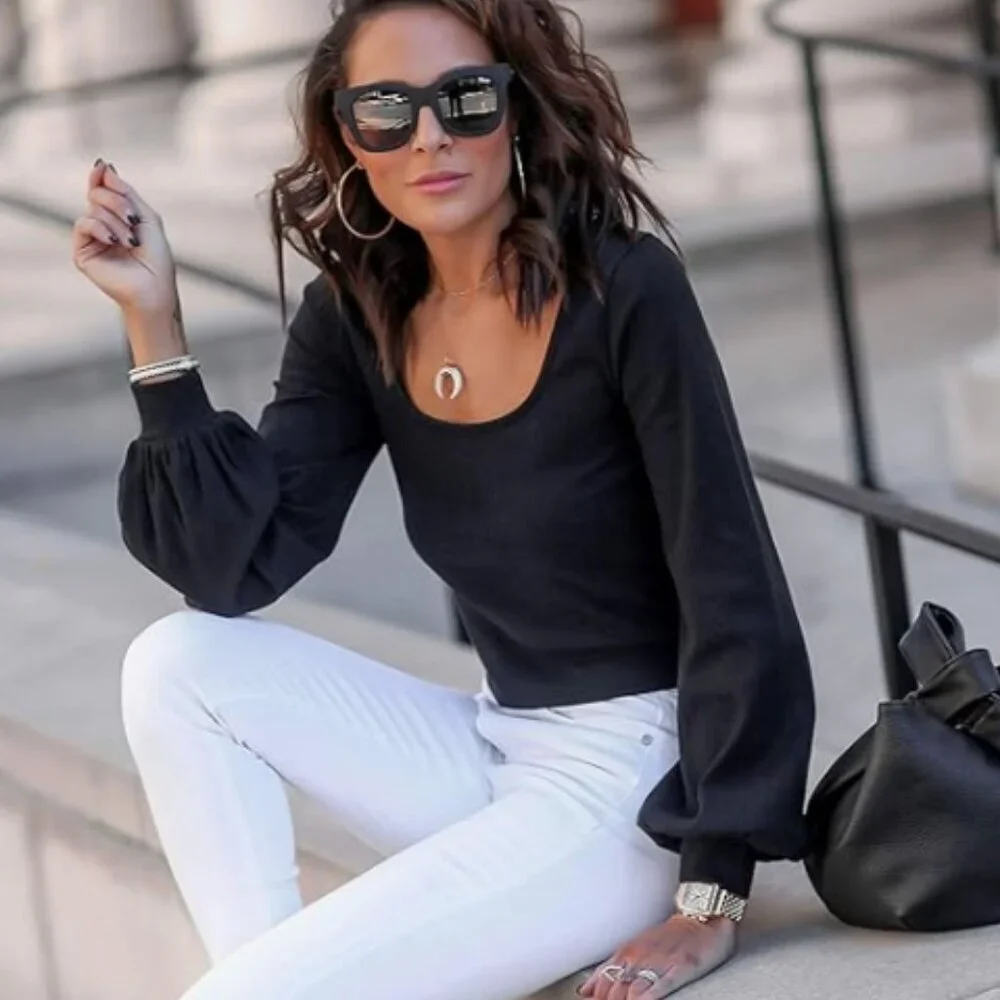 The Drop Lucyswhims Women's Ribbed Square Neck Balloon Long Sleeve Lucy Top NWT - Picture 11 of 13